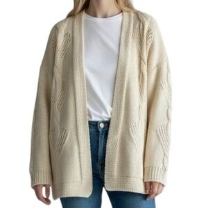 Irish Wool Open Cardigan Sweater Cream 100% Pure Wool Made in Ireland Women’s L